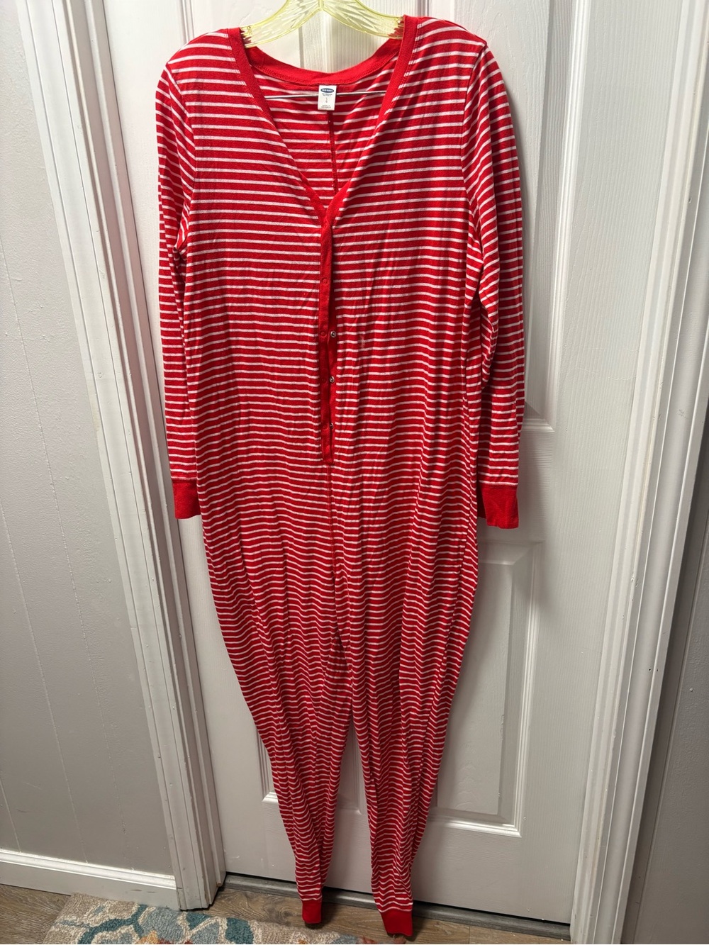 Old Navy Red and White Striped Women's One-Piece Pajama Romper